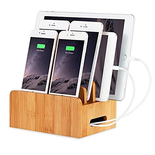 Bureau en Bois de Bambou Cordons Multi-appareils Support Organisateur et Station de Charge Chargeur Docks Support de Berceau pour iPhone iPad Samsung Huawei OnePlus LG Sony Smartphones et Tablets