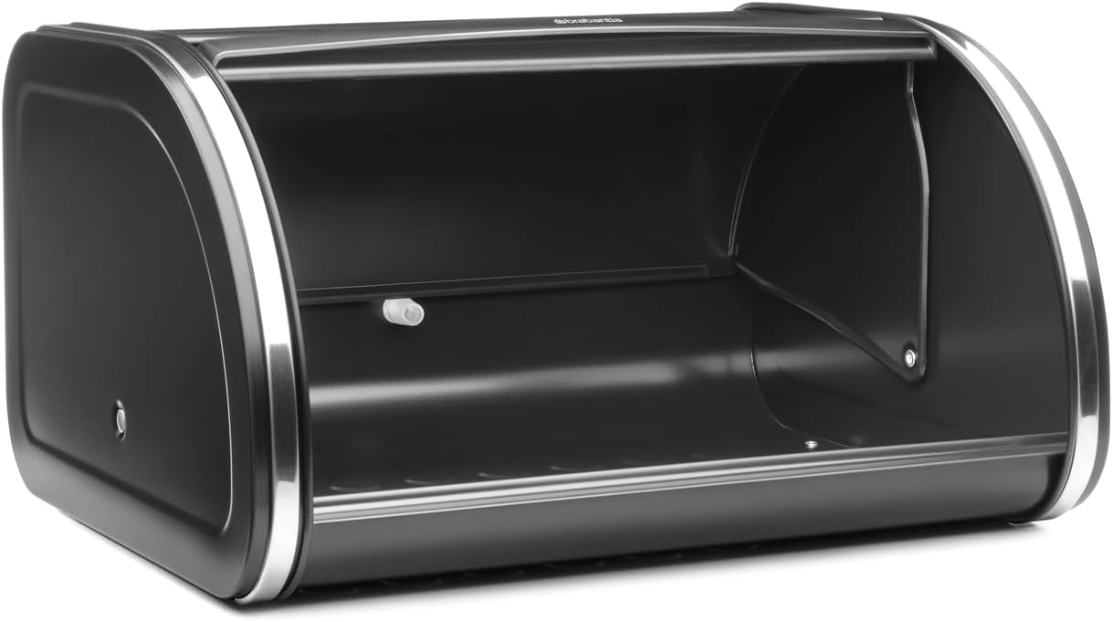 Brabantia Roll Top Bread Box | Medium | Matt Black | Large Metal Front Opening Bread Store for Kitchen Countertop | Partly Flat Top for Extra Storage, Magnet Closing Lid | Fits 1 Loaf