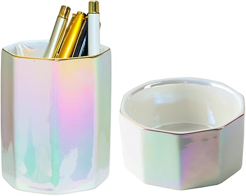 Miniatura 6 de Juego de 2 organizadores estéticos de escritorio para oficina, soporte para bolígrafos y dispensador de clips de papel, cerámica a cuadros, lindo