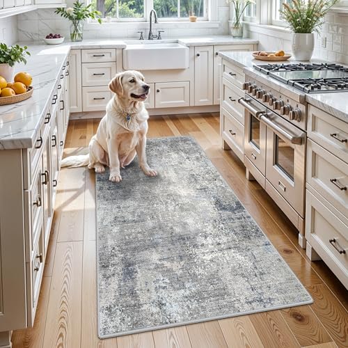 3x5 Washable Entryway Rug – Non-Slip Rubber Backed Small Area Rug for Kitchen, Bedroom, Living Room, Office – Soft Low-Pile Thin Modern Abstract Neutral Throw Rug (Blue Gray,3x5)