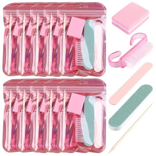 SUTOKAKA 10 Sets Disposable Manicure Prep Kit for Travel Home Portable Basics 5 in 1 Nail Salon Pedicure Kit Professional Nail Tool Supplies Nail File Mini Buffer Wood Stick & Handle Grip Brush