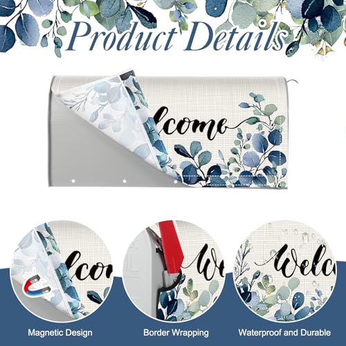 Image of Tiamon Blue Eucalyptus Mailbox Covers Magnetic Summer Welcome Letter Box Wrap Standard Size 21x18 Inch Spring Eucalyptus Leaves Mailbox Decor Summer Post Letter Box Decoration for Outdoor Garden Yard