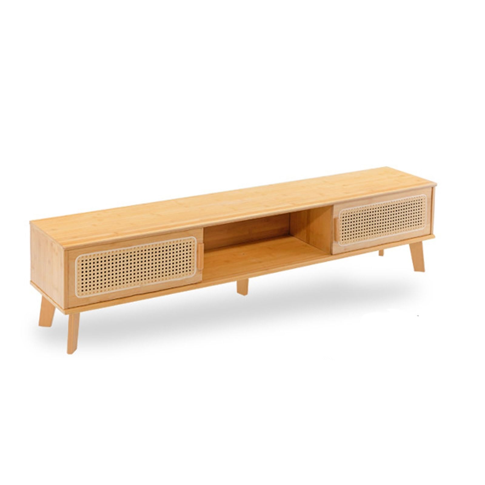 Nowoczesny bambusowy stojak na telewizor do 190 cm – rattanowa konsola multimedialna z szufladą, stylowy stół akcentujący do salonu i sypialni (160 x 31 x 37 cm)