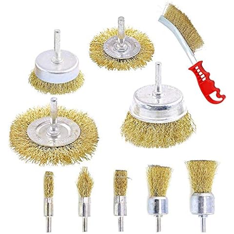 10 Pcs Wire Brush Set, Brass Coated Wire Brushes for Drill Paint Stripper Rust Remover Wire Wheel and Cup Brush Set Cover