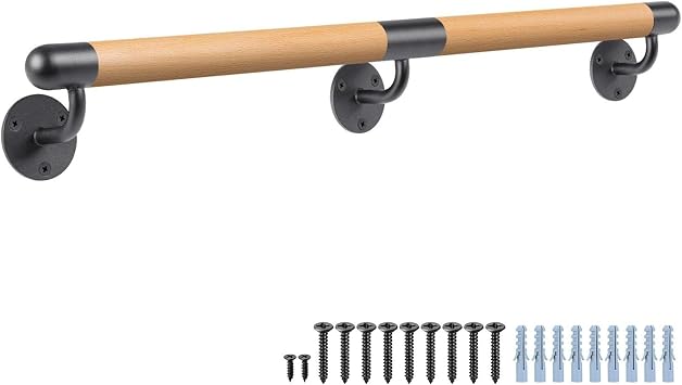 Dolibest 3-10 ft Wood Indoor Stairs Wall Mount Handrail w/Sturdy Metal Barckets, Non-Slip and Comfty Barrier-Free Staircase Grab Bar for Elderly, 1-1/2 Round