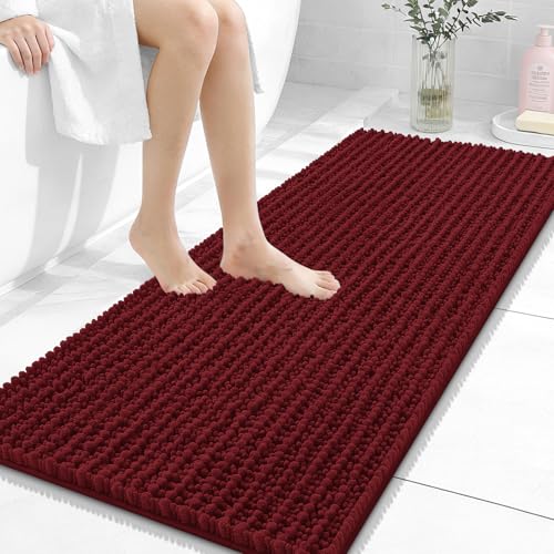 Image of OLANLY Long Bathroom Rugs Runner 47x20, Thick Soft and Absorbent Chenille Bath Mat, Non-Slip, Machine Washable Quick Dry Bath Rugs for Tub Shower Floor, Home Decor Accessories, Burgundy