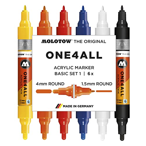 Set Di Pennarelli Molotow One4All Acrylic Twin Pump – 6 Pennarelli, 2 Punte (1,5 Mm E 4 Mm), Base Acrilica, Permanenti E Opachi