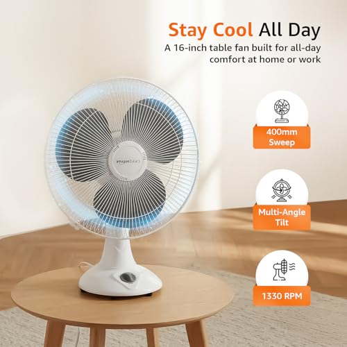 Image of amazon basics 16-Inch Table Fan | Tilting Head | 1400 RPM | Silent Operation | 400mm Sweep Length (Grey)
