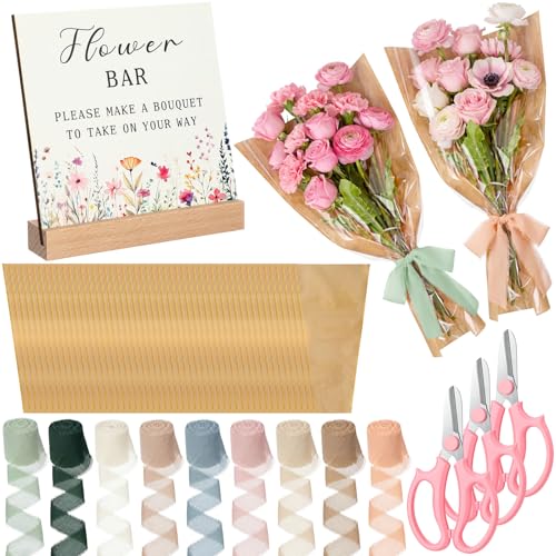 Gilprop 63 Pcs Flower Bar Bouquet Kit Include 1 Flower Bar Sign 50 Bouquet Wrapping Bags 3 Pink Scissors 9 Rolls Chiffon Silk Ribbons for Wedding Bridal Baby Shower(Multicolor Kraft Paper Plastic)