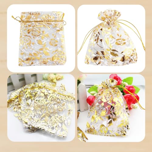 Image of QIANHAILIZZ 100 pcs 3.5 x 4.7 Inch Flower Heart Organza Jewelry Gift Pouch Candy Pouch Drawstring Wedding Favor Bags X92 (white gold flower)