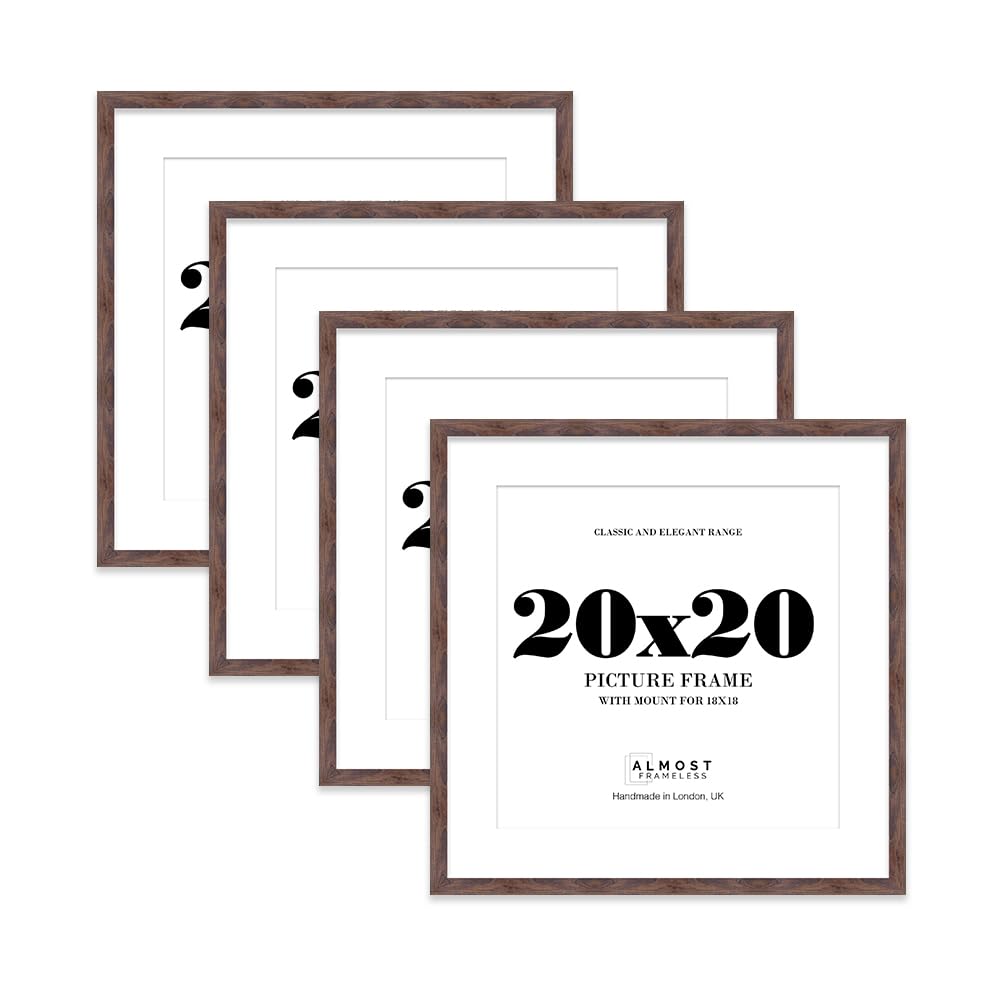 20x20 Walnut Picture Frame with Mount for 18x18 Photos, Prints - Modern Square Wall Frame, Set of 4