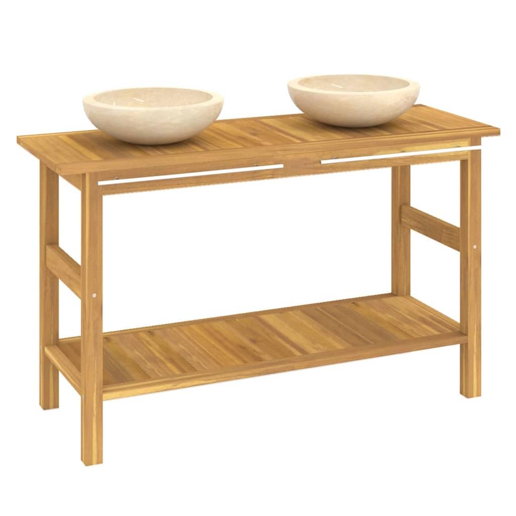 Mueble de baño de madera maciza de teca con 2 lavabos de mármol crema, mueble de baño con estante y barra para toallas, 132 x 45 x 75 cm, armario bajo con estante y montaje para baño o baño de