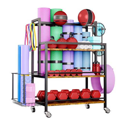 Home Gym Storage, 4 Tier Large Capacity Rack for Dumbbells Kettlebells Foam Roller, Yoga Mat Strap and Resistance Bands, Exercise/Workout Equipment Storage Gym Organizer With Hooks and Wheels
