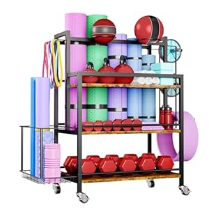Home Gym Storage, 4 Tier Large Capacity Rack for Dumbbells Kettlebells Foam Roller, Yoga Mat Strap and Resistance Bands, Exercise/Workout Equipment Storage Gym Organizer With Hooks and Wheels