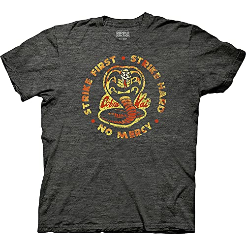 Ripple Junction Cobra Kai Mens Short Sleeve T-Shirt Strike First Strike Hard No Mercy Distressed Logo 2XL Heather Charcoal