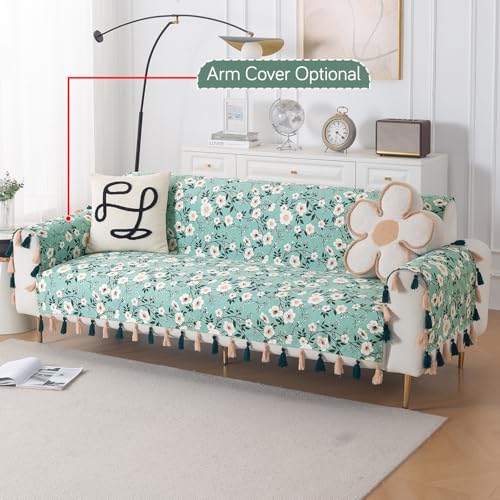 Image of HOKIPO Printed Holland Velvet Sofa Cover with Tassels for 3 Seater Sofa | Full Protection for Sofa Seat and Back | 'Whispers of Nature' (160x175 cm), Sage Floral Vine (IN-1127-D8)