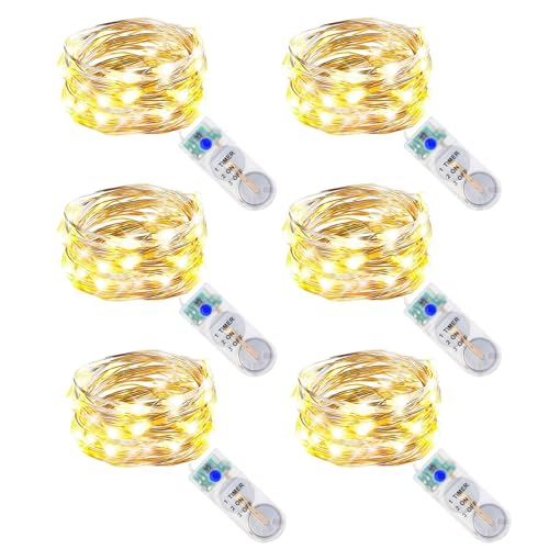 6 Stück Lichterkette Batterie 2M 20 LED, Kupferdraht Lichterketten mit Timer 3 Modi, Batteriebetrieben Wasserdicht Mini Lichterkette Warmweiß für Innen Außen Weihnachten Hochzeit Party DIY Deko