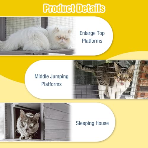 Image of 71.1'' Large Outdoor Cat Catio Enclosure, Multi-Level Cat House with Platforms & Resting House, Weatherproof Solid Fir Wood Cat Patio with Asphalt Roof, for Indoor-Outdoor Access, Fit 2-6 Cats, Grey