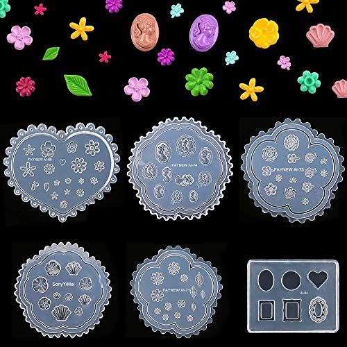 Noverlife 6PCS Nail Art 3D Silicone Carving Mold, Acrylic UV Gel Nail Manicure Silicone Mold, DIY Nail Decoration Pedicure Tools for Girls Lady, 3D Relief of Flower, Heart Shape