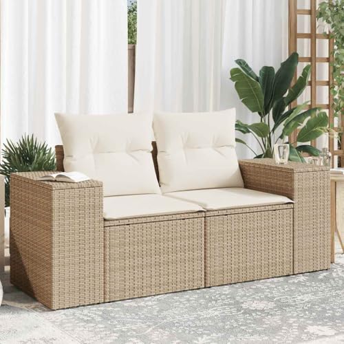 XHNIFBN Beige 2-Seater Outdoor Sofa 73.2' Adjustable Legs All-Weather Poly Rattan Loveseat for Patio, Balcony, Garden Seating