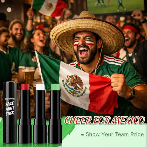 Image of BADCOLOR Mexico Red White Green Face Body Paint Stick Set, Oil Based Sports Fan Makeup, Waterproof Sweatproof Cream Paint for Football, Rugby, Softball, Baseball, Lacrosse, Sports Accessories
