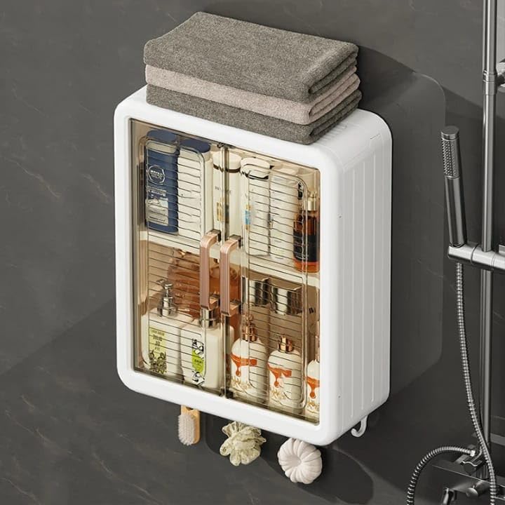 Image of YouCopia Plastic Self-Adhesive No-Drill Bathroom Shelf & Storage Cabinet with Magic Stickers, Organiser for Bathroom, Essentials, Makeup, Skincare, Pod Dispenser Wall-Mounted Storage Cabinet