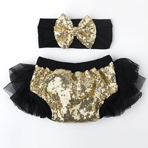Slowera Baby Girls 2PCS Sets Cotton Tulle Sequins Diaper Cover Bloomers and Headband (Black Gold, M: 6-12 Months)