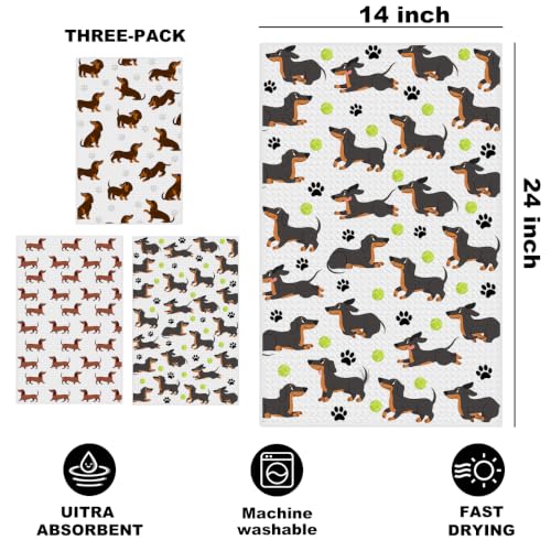 Image of 3 Pcs Cute Dachshund Kitchen Towels, Dachshund Gifts Reusable Dish Towels | Waffle Weave Absorbent Hand Towel for Kitchen Bathroom Decor, Cute Weiner Dog Gifts for Women Mom Friend 24x14 Inch
