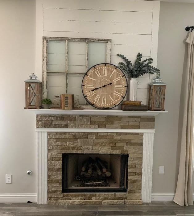 Miniatura 8 de Reloj de pared grande de 24 pulgadas, reloj de pared silencioso de madera rústica con círculo de metal y números grabados, funciona con pilas para