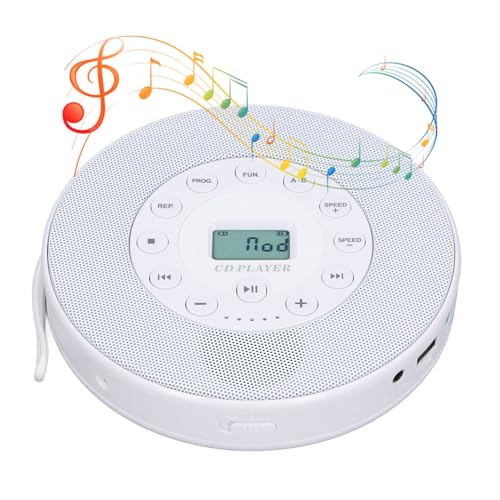 Zunate Portable CD Player 2000mAh, Bluetooth CD Player for Car, Anti Skip CD Player with Speaker, Recording Support, USB Port Portable CD Player Speaker with Memory Playing (White)