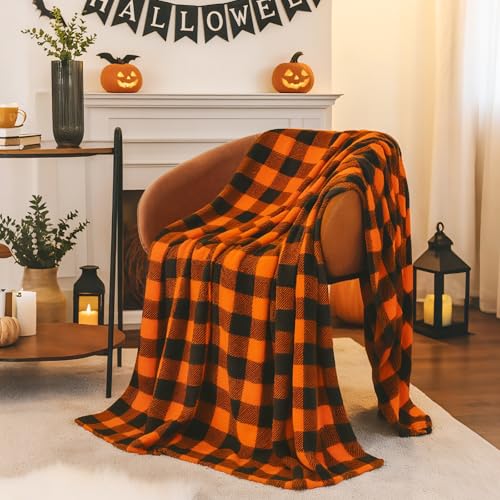 Image of BEDELITE Halloween Blanket for Decor & Gift, Orange and Black Buffalo Plaid Twin Blanket for Couch Bed, Soft & Warm Fleece Blanket for Women Men, 60 inchx80 inch