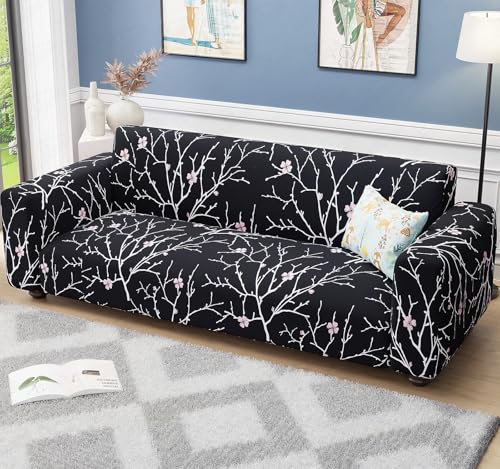 Image of Lukzer 3 Seater Sofa Cover - Black Stem | 360 Fully Covered Anti-Slip Washable Couch Cover Protecter | 140 GSM Stretch Fit Polyester + Spandex Slipcover (180-200cm /SC-001-03)
