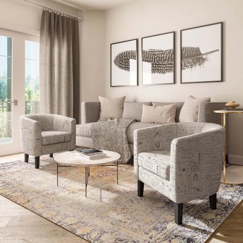 Image of BELLEZE Accent Barrel Chair, Linen Round Chair Club Tub Sofa Corner Chair with Flared Legs and Cozy Soft Padding for Living Room Bedroom Waiting Room - Black & Beige