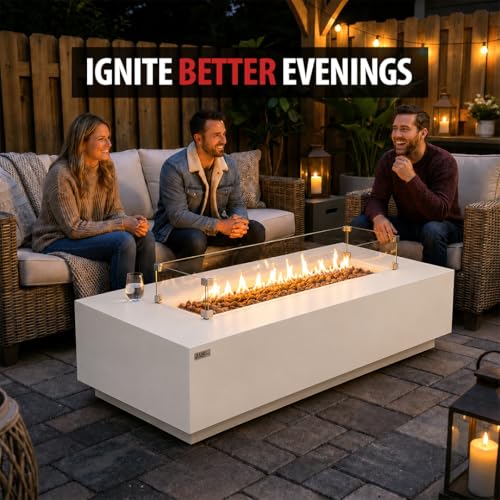 Image of AMS Creations | Savanah 72 inch Bundle Rectangular Cast Concrete Propane Gas Fire Pit Table | Cream White | Smooth Texture Surface | Electronic Ignition | Outdoor Patio Heater Outside Backyard Fireplace