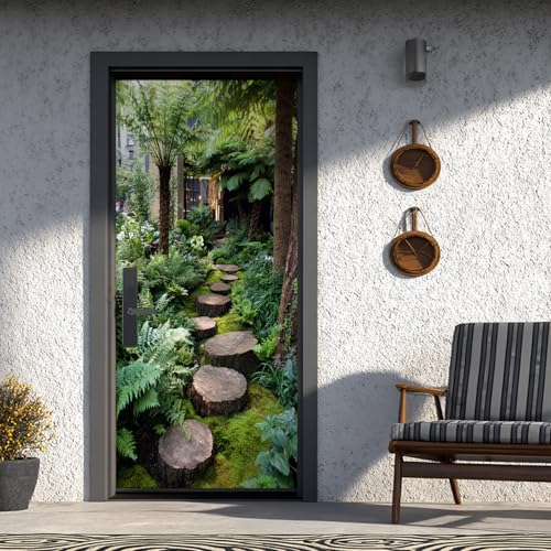 Forêt Tropicale Poster Porte Trompe L'oeil Fougère Plante Stickers Porte 85x215 cm, Paysage Naturel Poster de Porte Auto-AdhéSif Imperméabl Chambre Cuisine...