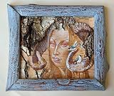 Elf girl with fantastic horns. Original artwork on natural birch bark. Fantasy Art. Forest Goddess w