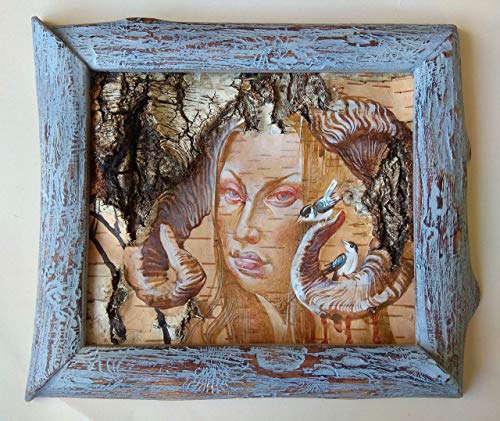 Elf Girl With Fantastic Horns. Original Artwork On Natural Birch Bark. Fantasy Art. Forest Goddess With Birds. #TOP20