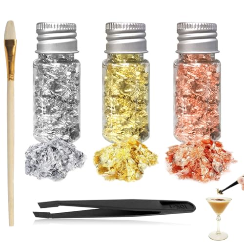 JAWUZ 3 Piezas Hojas de Oro Comestibles, Decoración para Pasteles, Flock de Hojas de Oro, Comestibles para Pasteles con Pinzas y Cepillos