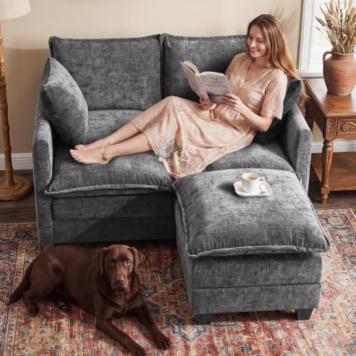 Image of 50 inch Loveseat Sofa with Ottoman, Cloud 2-Layer Cushion & 27 inch Deep Seat, Modern Love Seat Small Couch with 2 Washable Pillows for Small Spaces, Bedroom, Apartment, Office, Living Room, in a Box, Grey