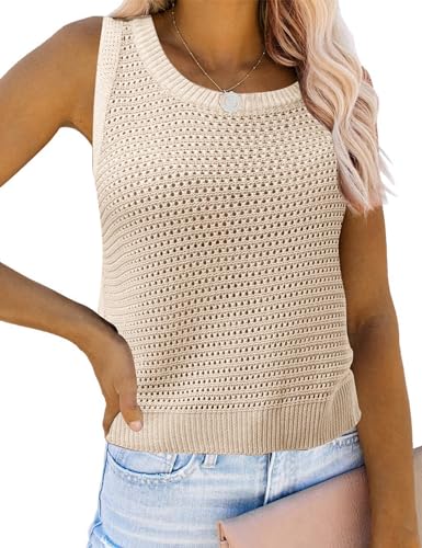 Image of Womens Knit Sweater Vest Summer Tank Tops Round Neck Crochet Hollow Out Sleeveless Crop Top