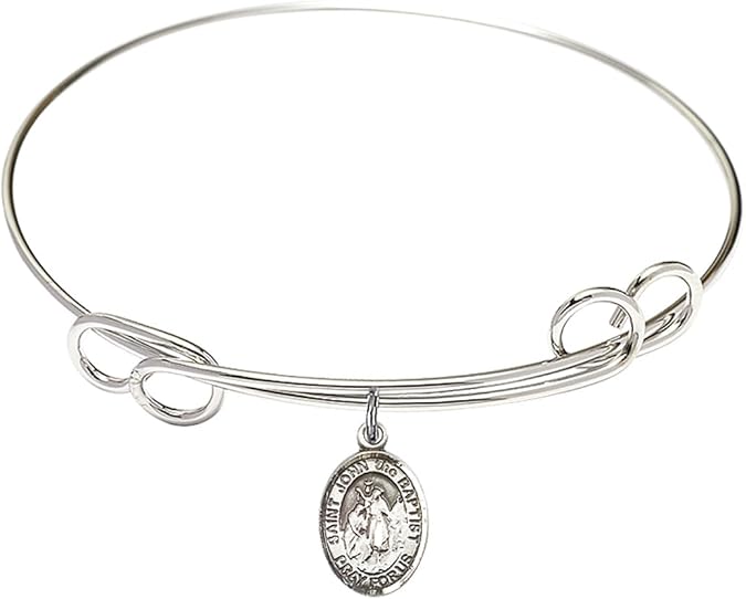 7 1/2 inch Round Double Loop Rhodium Bangle Bracelet with a Sterling Silver Saint John The Baptist Charm.