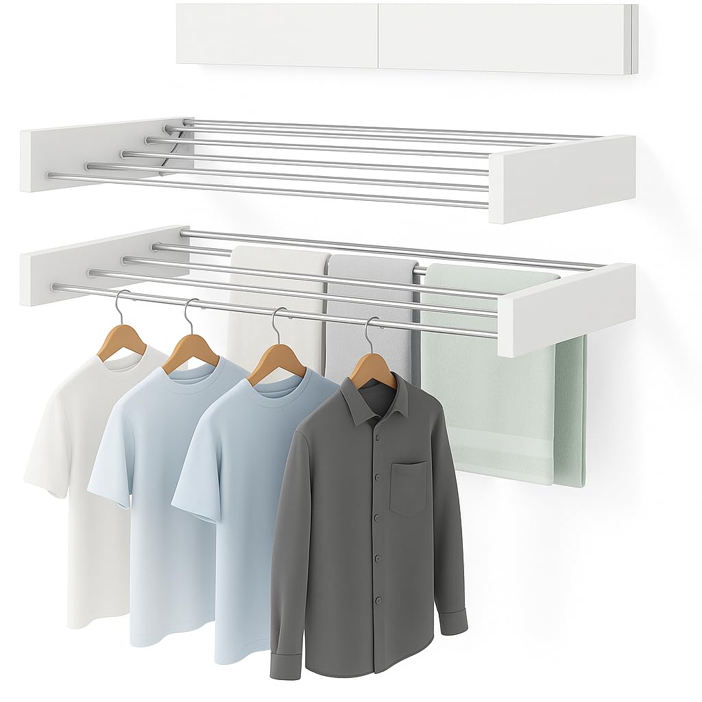 Cloth Drying Stand Wall Mounted | Foldable Clothes Drying Rack for Balcony & Indoor Use | Retractable Space Saving Wall Hanging Cloth Dryer Stand Stainless Steel (White)-image-34