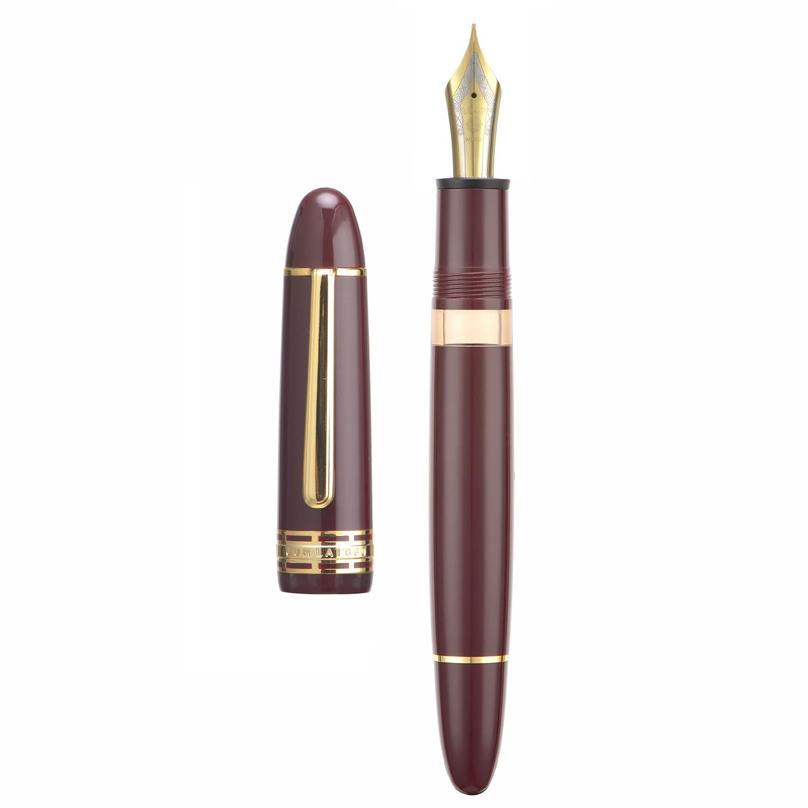 Yongsheng Junlai 630 Acrylic Fountain Pen, Size 8 Medium Nib with Piston Filling System, Wine Red Transparent Ink Tank with Torpedo Shape Design Smooth Writing Pen (Gold Trim)