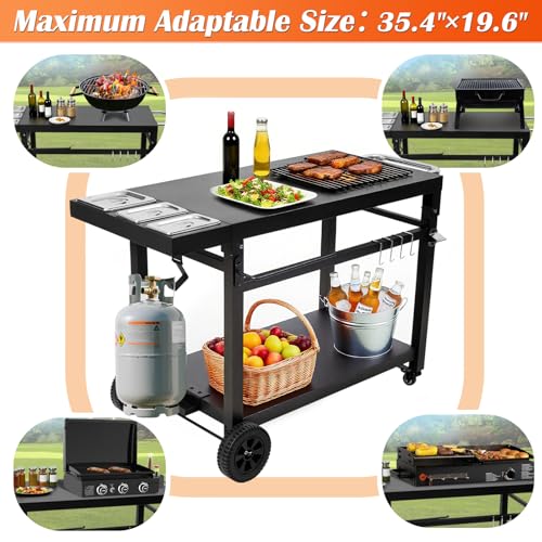 Image of Black Cast Iron 2-Shelf Grill Cart with Wheels,Heavy Duty Pizza Oven Stand for Blackstone Ninja,Outdoor Cooking Station with Durable Tabletop