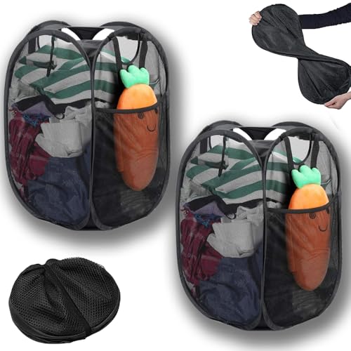 2-Pack Foldable Laundry Baskets, Collapsible Mesh Hamper with Reinforced Handles & Side Pocket, Pop-Up Hamper Organizer for Travel, Home & Camping, Portable Pop-Up Hampers for Laundry Storage