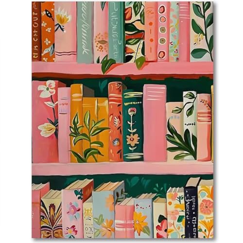 Image of Pink Book Stamped Cross Stitch Kits for Adults - Bookshelf Embroidery Kits for Beginners Adults,11 CT Patterns Dimensions Counted Cross Stitch Kits for Adults Arts Craft 12x16 inch