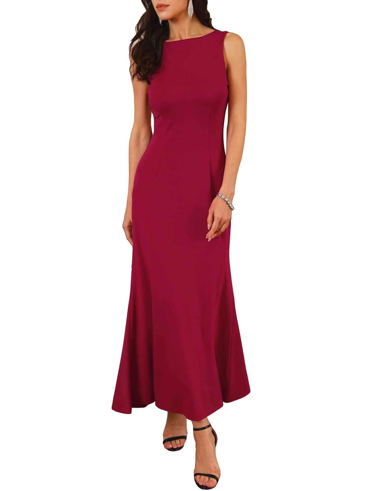 WOMLAYOUT Women's Formal Dress Evening Dressy Prom Boat Neck Backless Maxi Cocktail Wedding Dresses