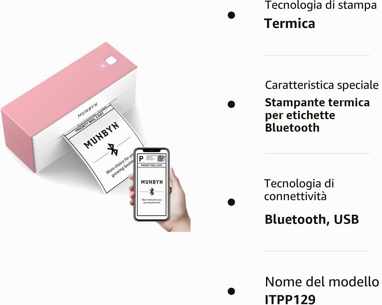 MUNBYN Stampante Termica Etichette Bluetooth, Stampante Etichette Spedizione 4x6, Stampante di Etichette Postali per Aziende, Compatibile con Shopify Amazon DHL DPD, 129B Rosa