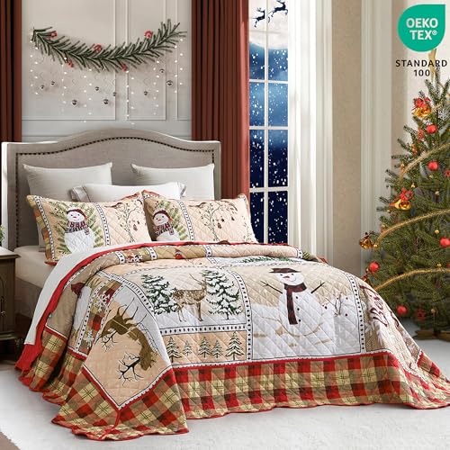 Image of HZ & HY Christmas Oversized Bedspread 128x120 Extra Wide, Winter Snowman Pattern Bedding Quilt, Rustic Lodge Plaid Patchwork Comforter Set, Lightweight & Soft Microfiber, 3 Piece, Cal King