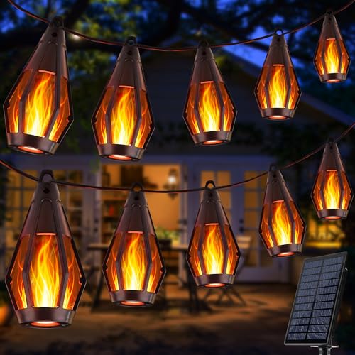 Joomer Guirlande lumineuse solaire d'extérieur - 12,6 m - 15 ampoules LED - Avec effet flamme - Guirlande lumineuse solaire - Décoration d'extérieur - IP65 - Résistante aux intempéries - Pour jardin
